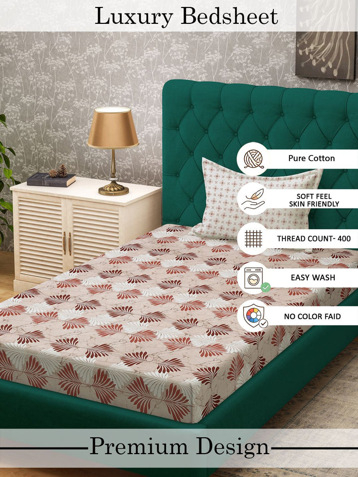 Myntra Elegant Homes Beige Floral 400 TC Cadar Tempat Tidur Single dengan 1 Sarung Bantal
