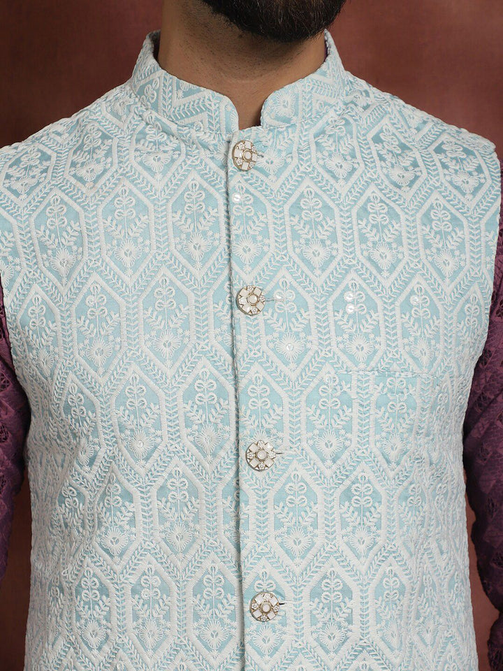 Anouk Ethnic Motifs Embroidered Regular Thread Work Kurta with Pyjamas & Nehru Jacket