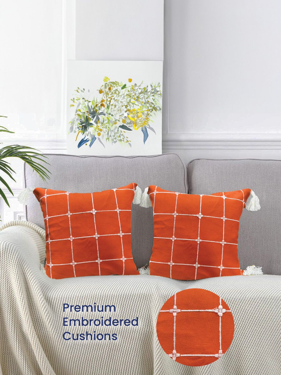 URBAN SPACE Orange & White 2 Pieces Embroidered Square Cushion Covers
