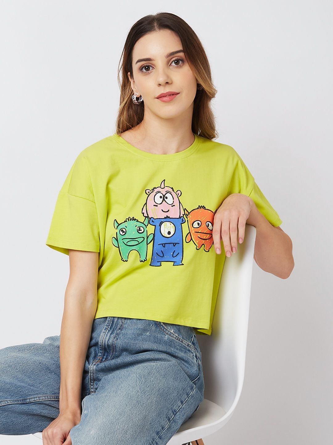SPYKAR Women Graphic Printed Round Neck Cotton Boxy T-shirt