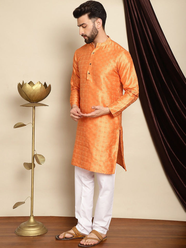 Anouk Orange Mandarin Collar Geometric Woven Design Jacquard Silk Kurta with Pyjamas