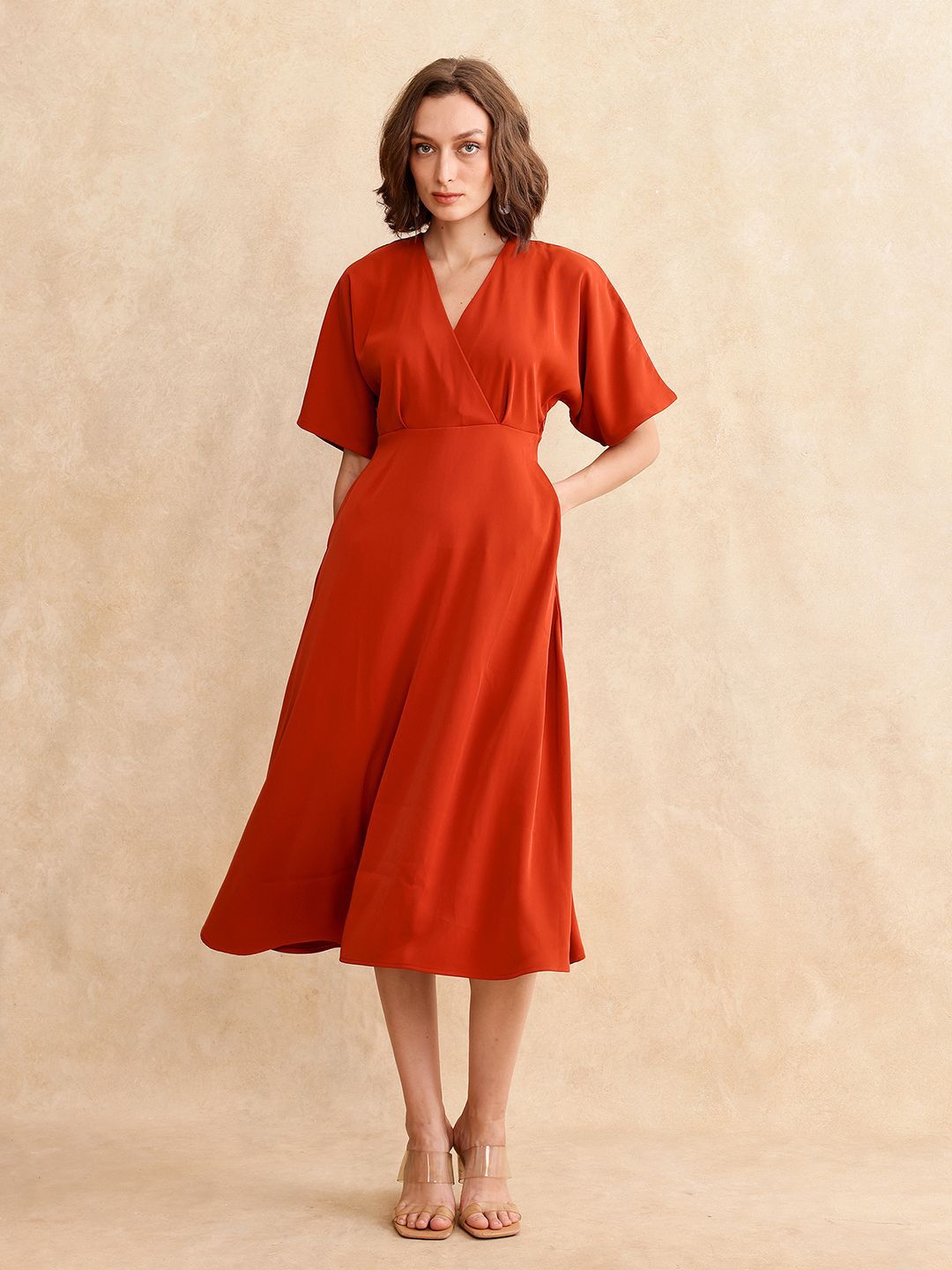 RAREISM Women V-Neck Fit & Flare Cotton Midi Dress