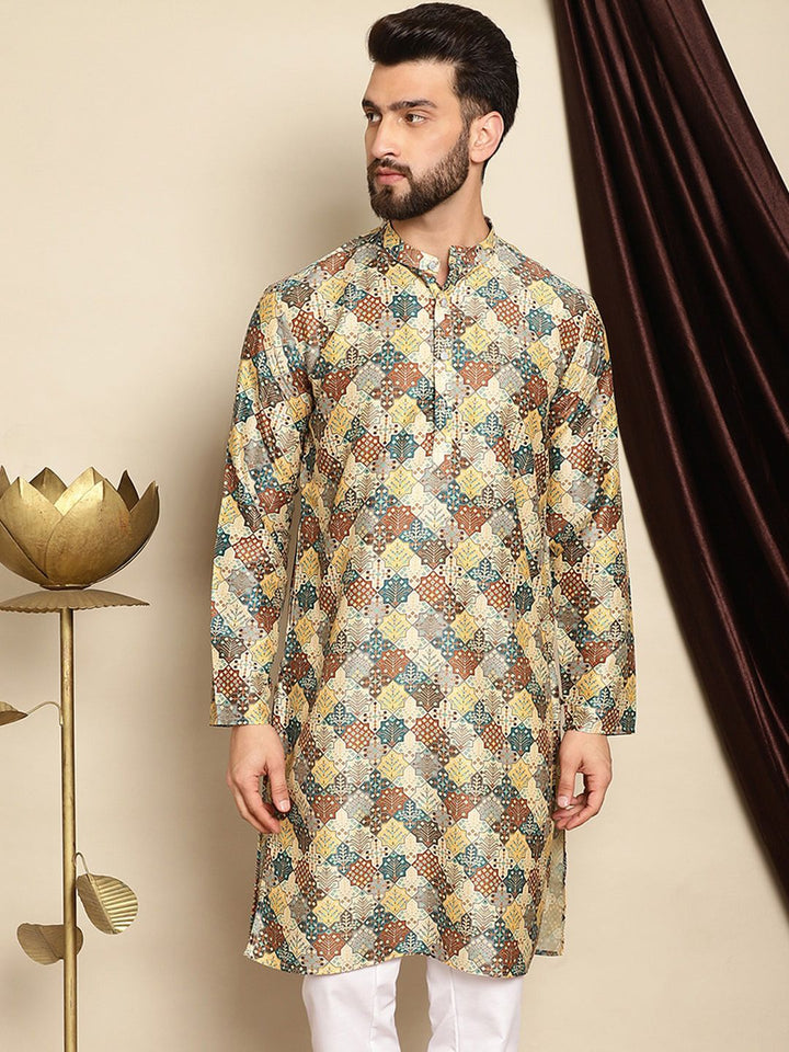 Anouk Floral Printed Mandarin Collar Silk Kurta