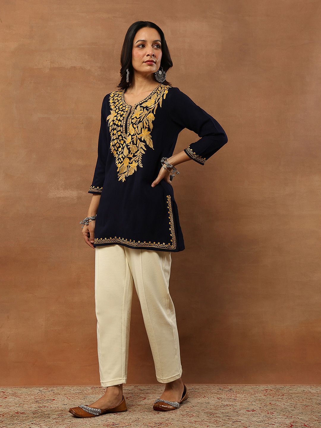 House of Chikankari Women Navy Blue Woollen Aari Embroidered Kurta