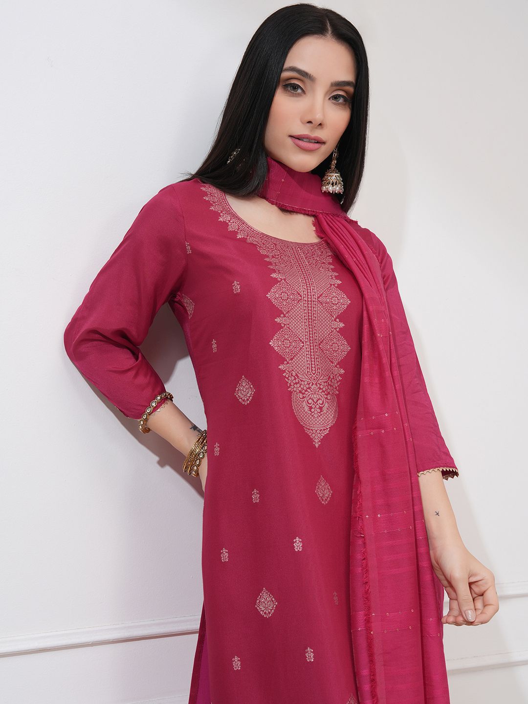 Vishudh Ethnic Woven Design Jacquard Straight Kurta With Trouser And Dupatta
