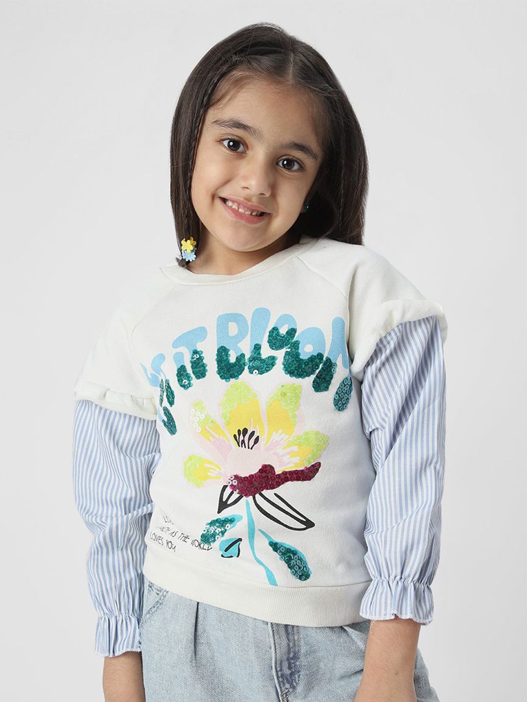 Nauti Nati Girls Graphic Printed Sweatshirt with Striped Sleeves