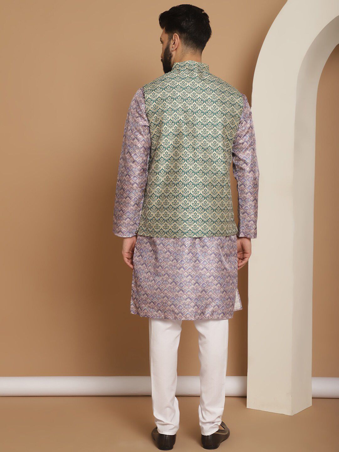 Anouk Striped Regular Jacquard Silk Printed Thread Work Straight Kurta with Churidar
