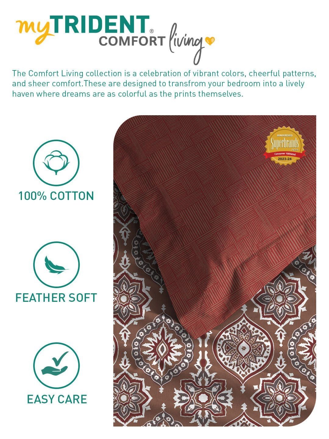 MYTRIDENT Ajrakh Red Comfort Living Flat 120TC Queen Cotton Bedsheet Set