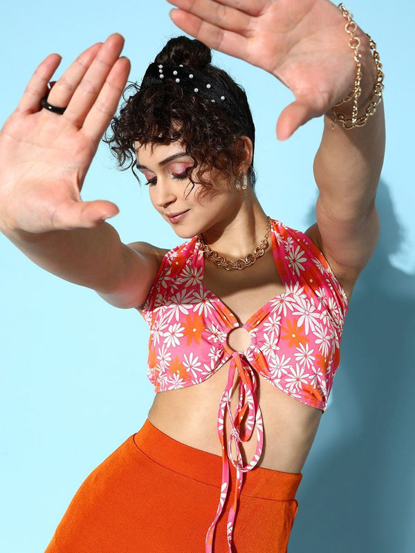 Berrylush Floral Print Halter Neck Styled Back Crop Top