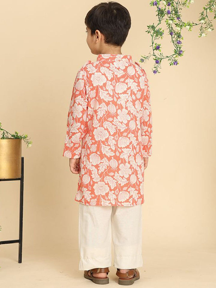 Cutiekins Boys Floral Printed Band Collar Straight Kurta With Trousers