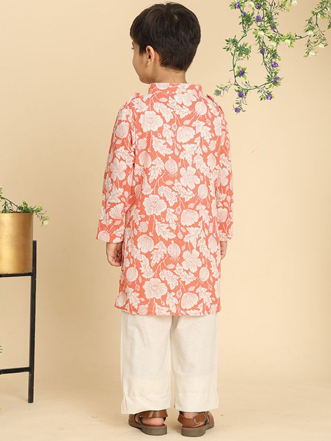Cutiekins Boys Floral Printed Band Collar Straight Kurta With Trousers