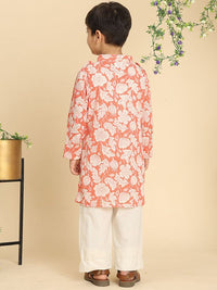Cutiekins Boys Floral Printed Band Collar Straight Kurta With Trousers
