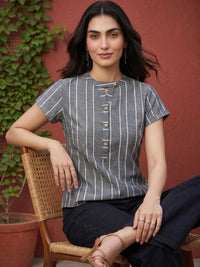 Mamicha Striped Mandarin Collar Top