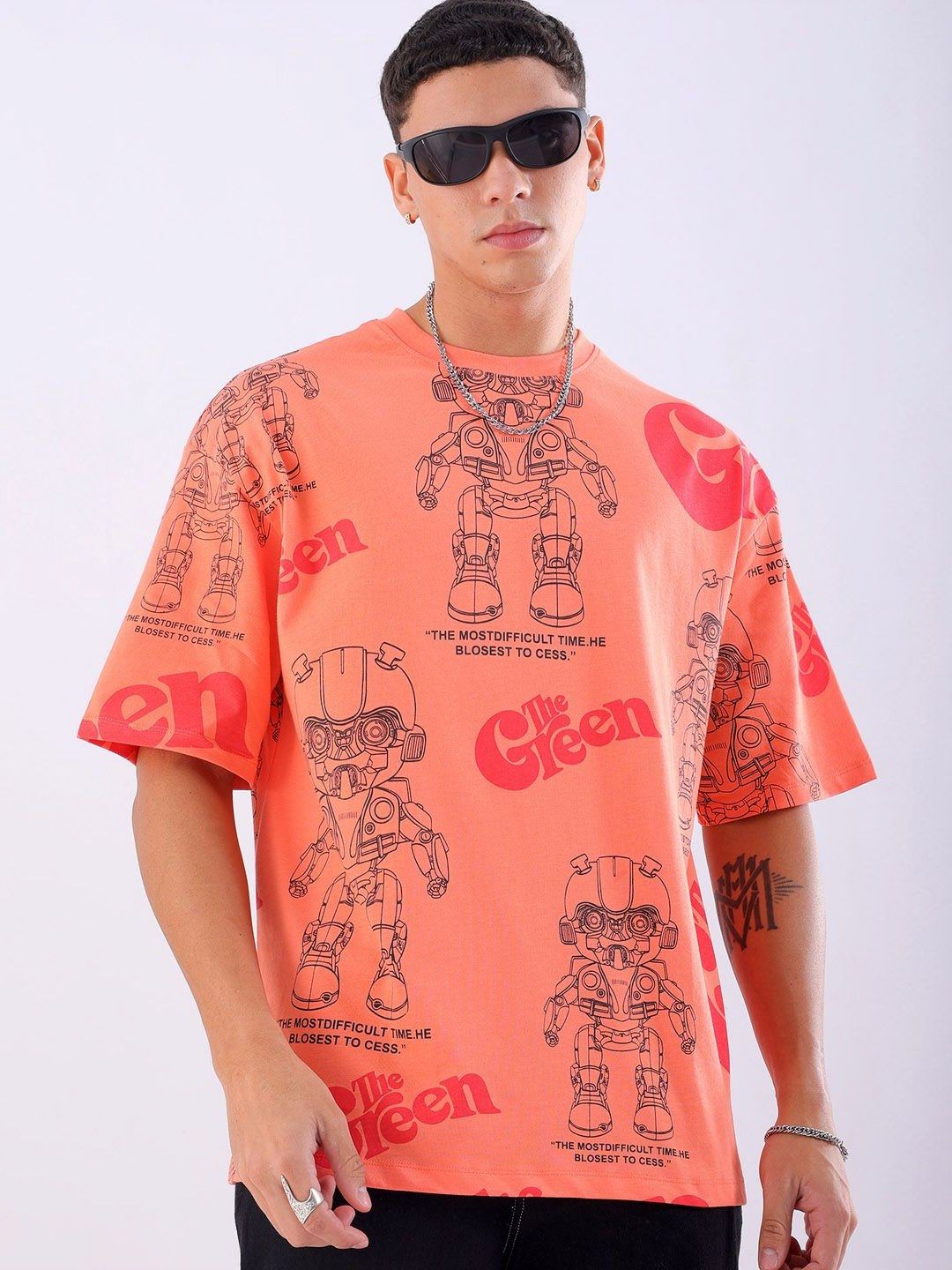 The Indian Garage Co Men Floral Printed Hooded Boxy Pure Cotton T-shirt