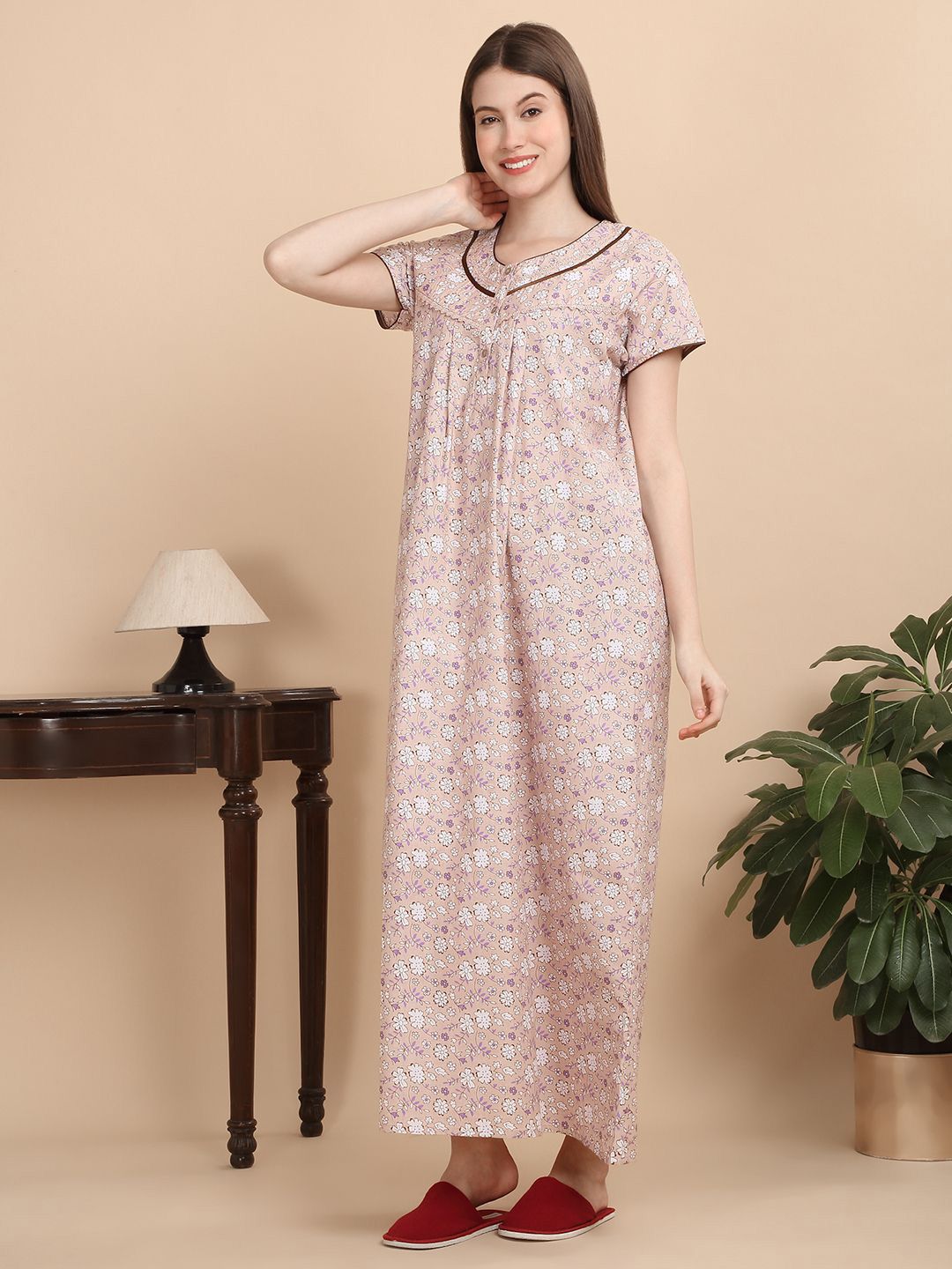 Sweet Dreams Women Round Neck Pure Cotton Nightdress