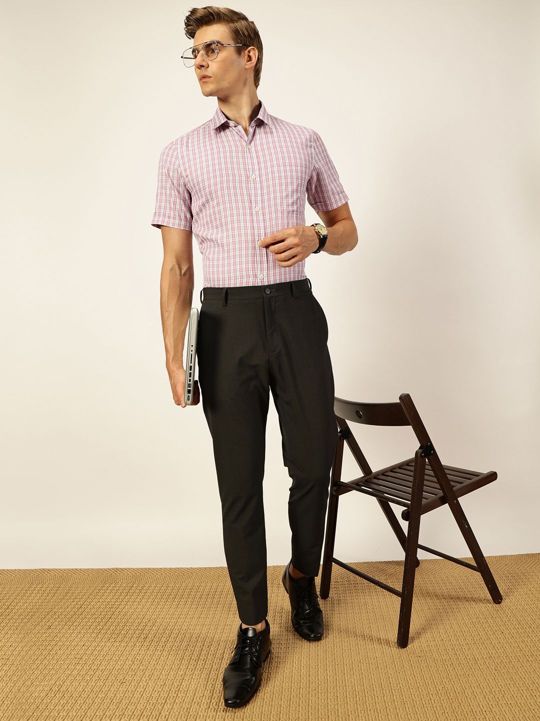 Thomas Scott Men Smart Spread Collar Tartan Checked Cotton Formal Shirt