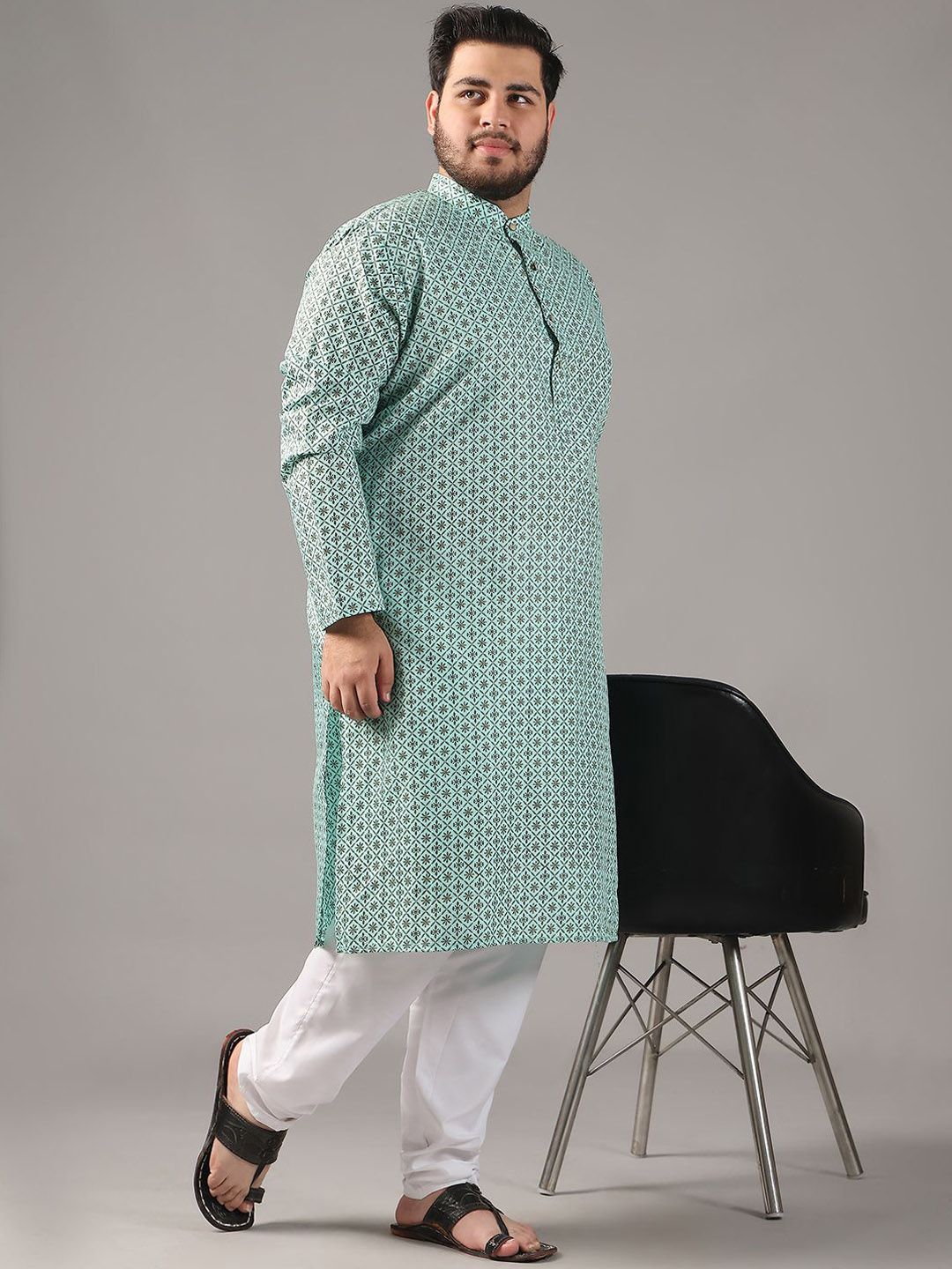 SOJANYA PLUS Plus Size Lelaki Motif Etnik Bercetak Cotton Linen Kurta Lurus Dengan Piyama