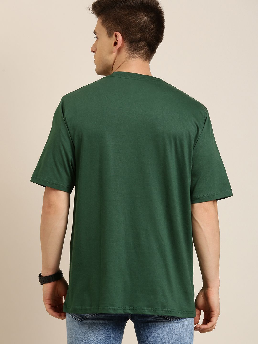 Difference of Opinion Men Green Solid Cotton Drop-Shoulder Oversized Fit T-shirt