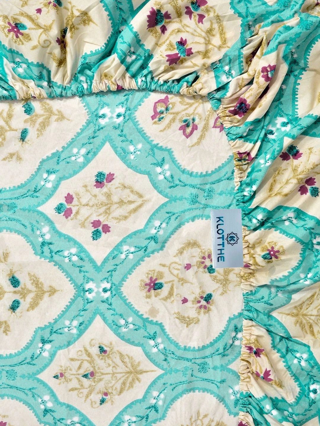 KLOTTHE Biru & Putih Floral 300 TC Cadar King dengan 2 Sarung Bantal