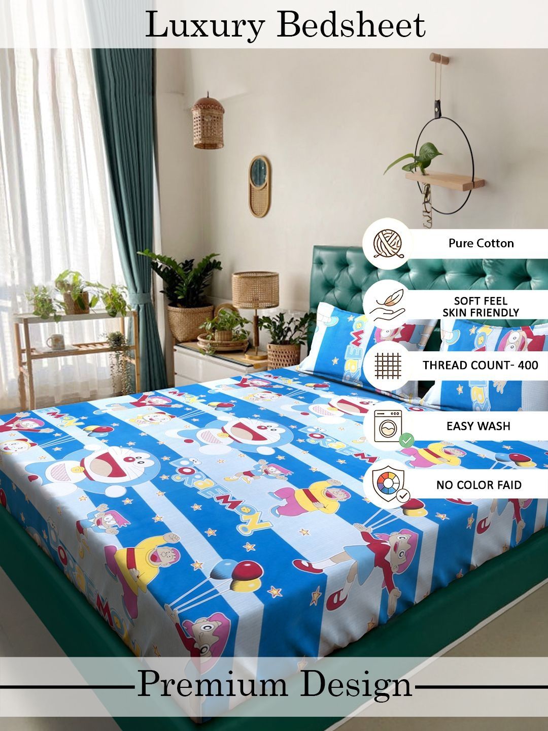 Myntra Elegant Homes Blue Cartoon Characters 400 TC King Bedsheet with 2 Pillow Covers