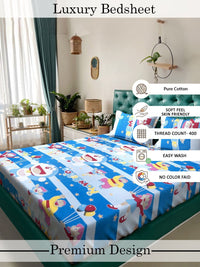 Myntra Elegant Homes Blue Cartoon Characters 400 TC King Bedsheet with 2 Pillow Covers