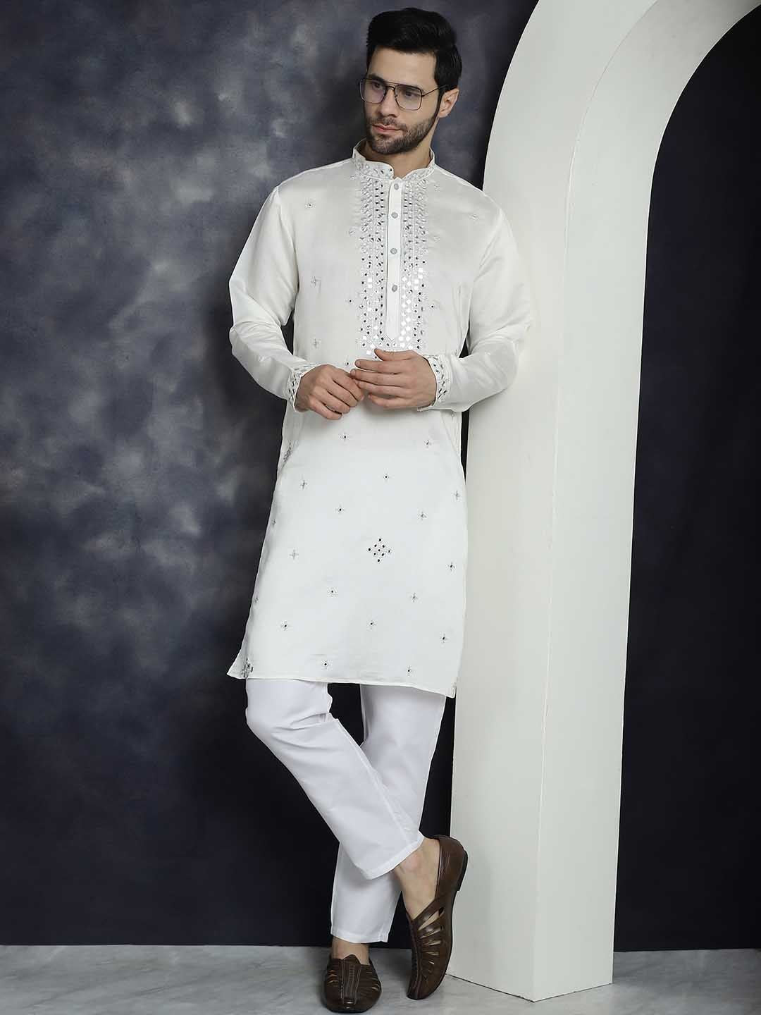 Jompers Geometric Embroidered Regular Mirror Work Kurta With Pyjamas