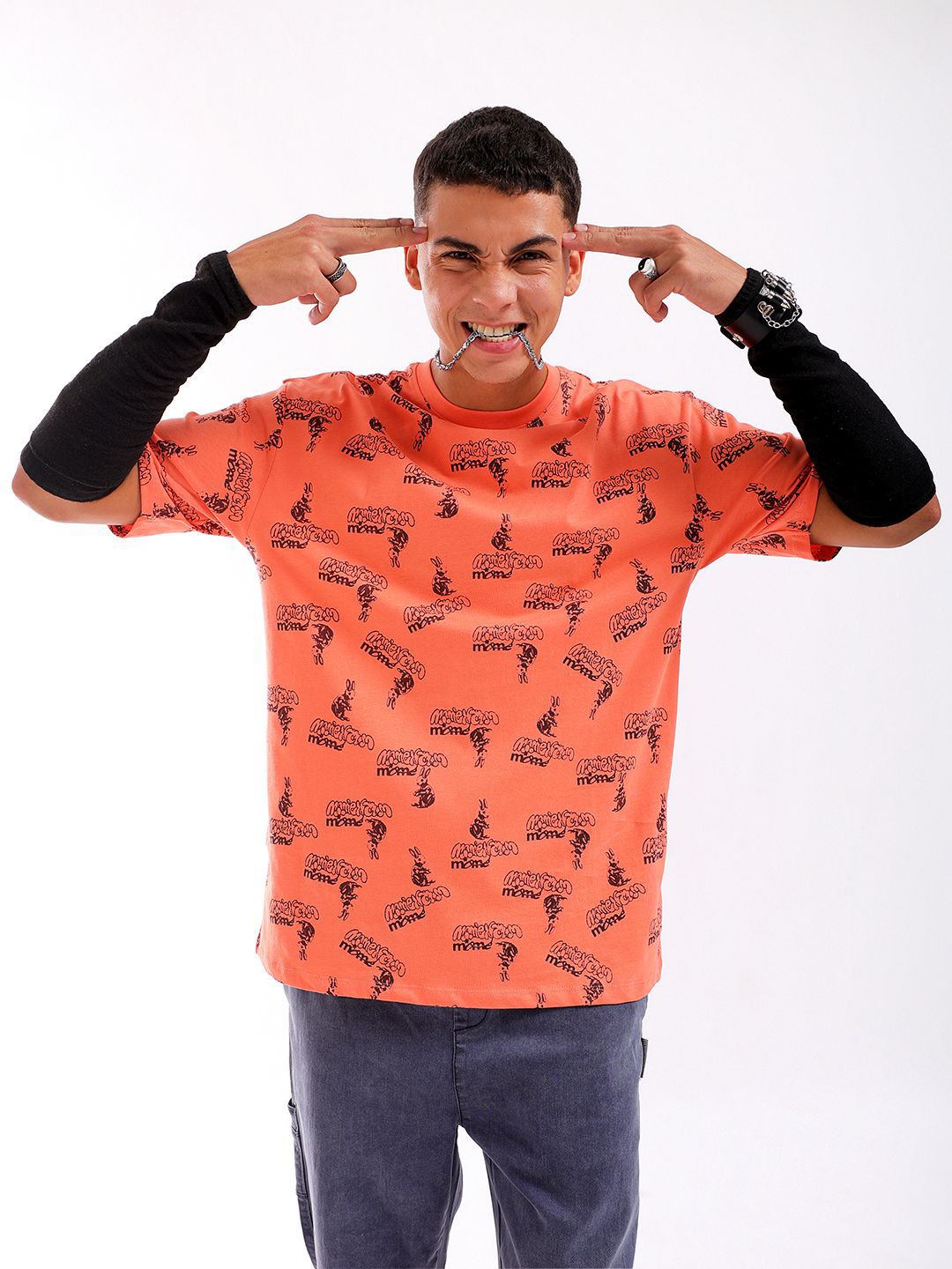 The Indian Garage Co Men All Over Printed Round Neck Pure Cotton Boxy Oversized T-shirt