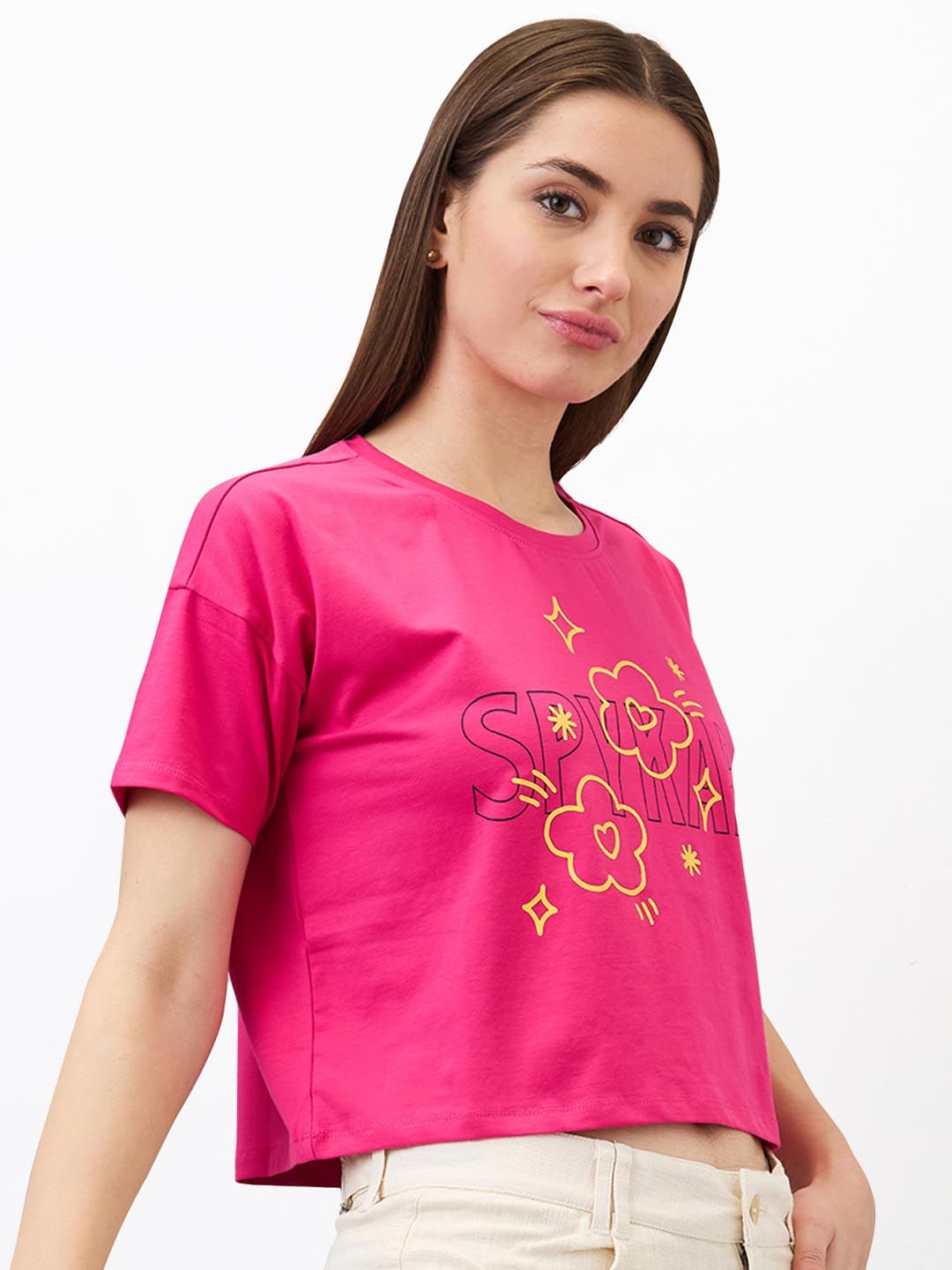 SPYKAR Women Typography Printed Round Neck Cotton Boxy T-shirt