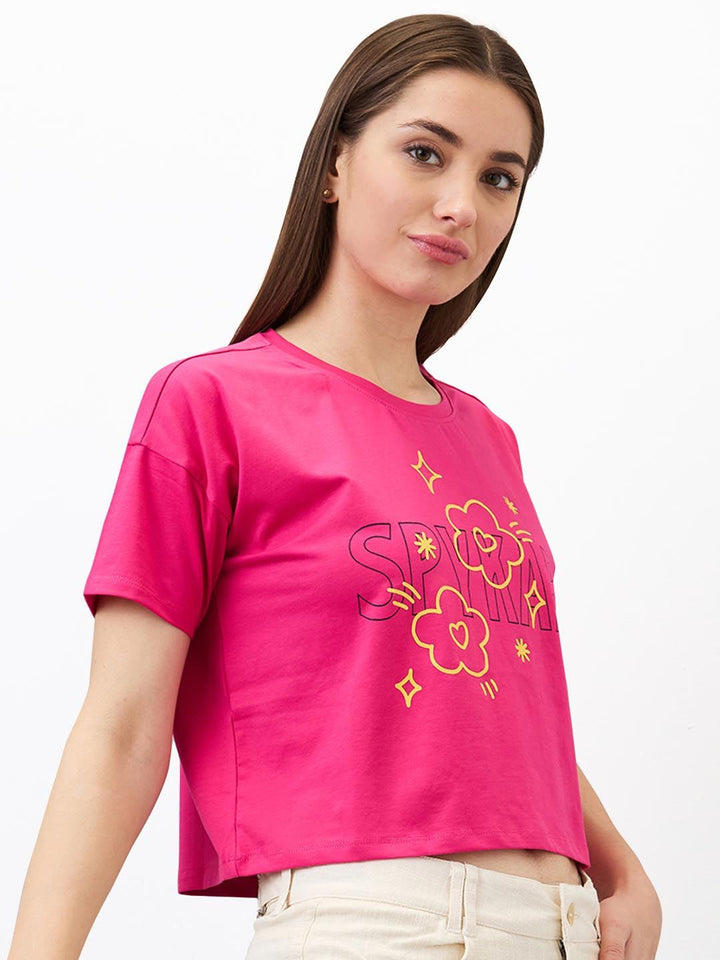 SPYKAR Women Typography Printed Round Neck Cotton Boxy T-shirt