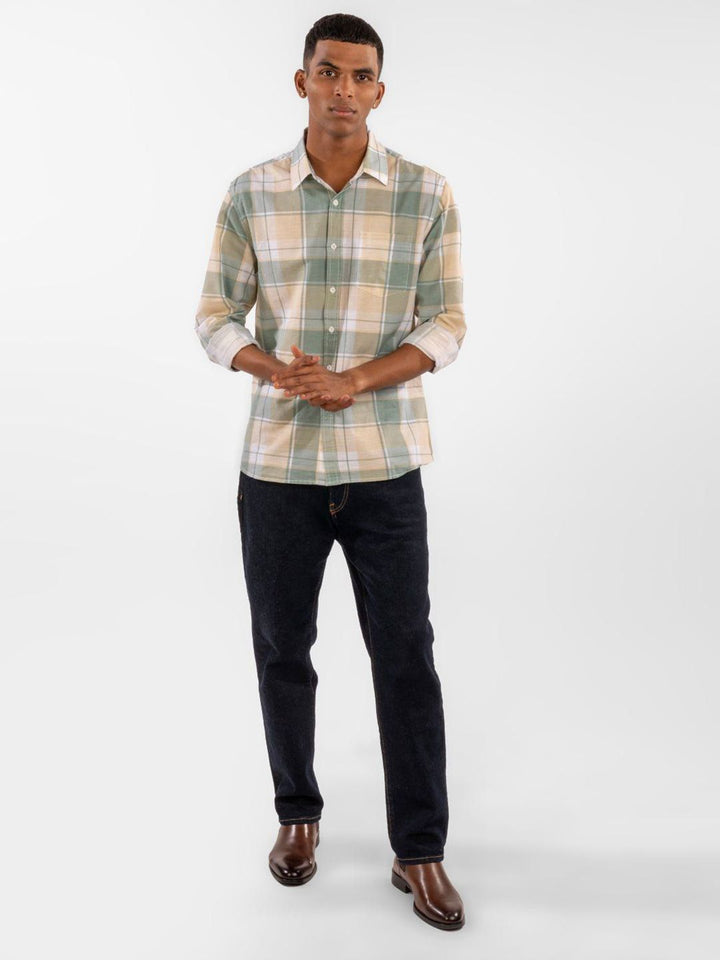 Eszett Checked Spread Collar Cotton Linen Long Sleeves Shirt