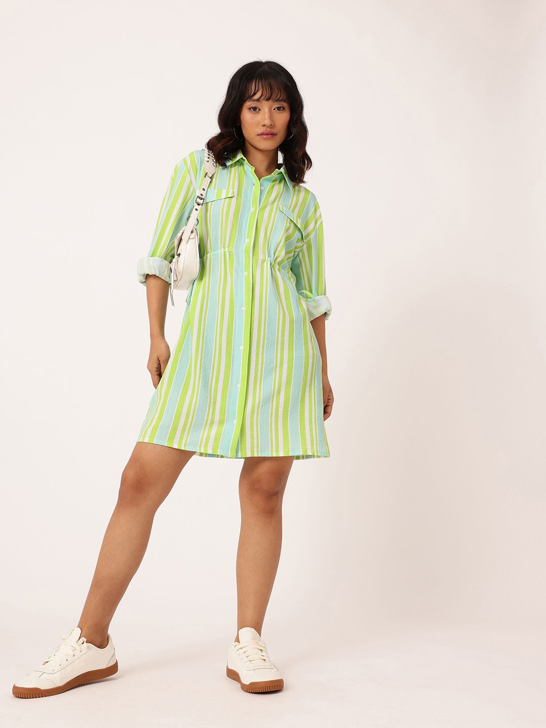 DressBerry Striped Cinched Waist Seersucker Shirt Style Dress