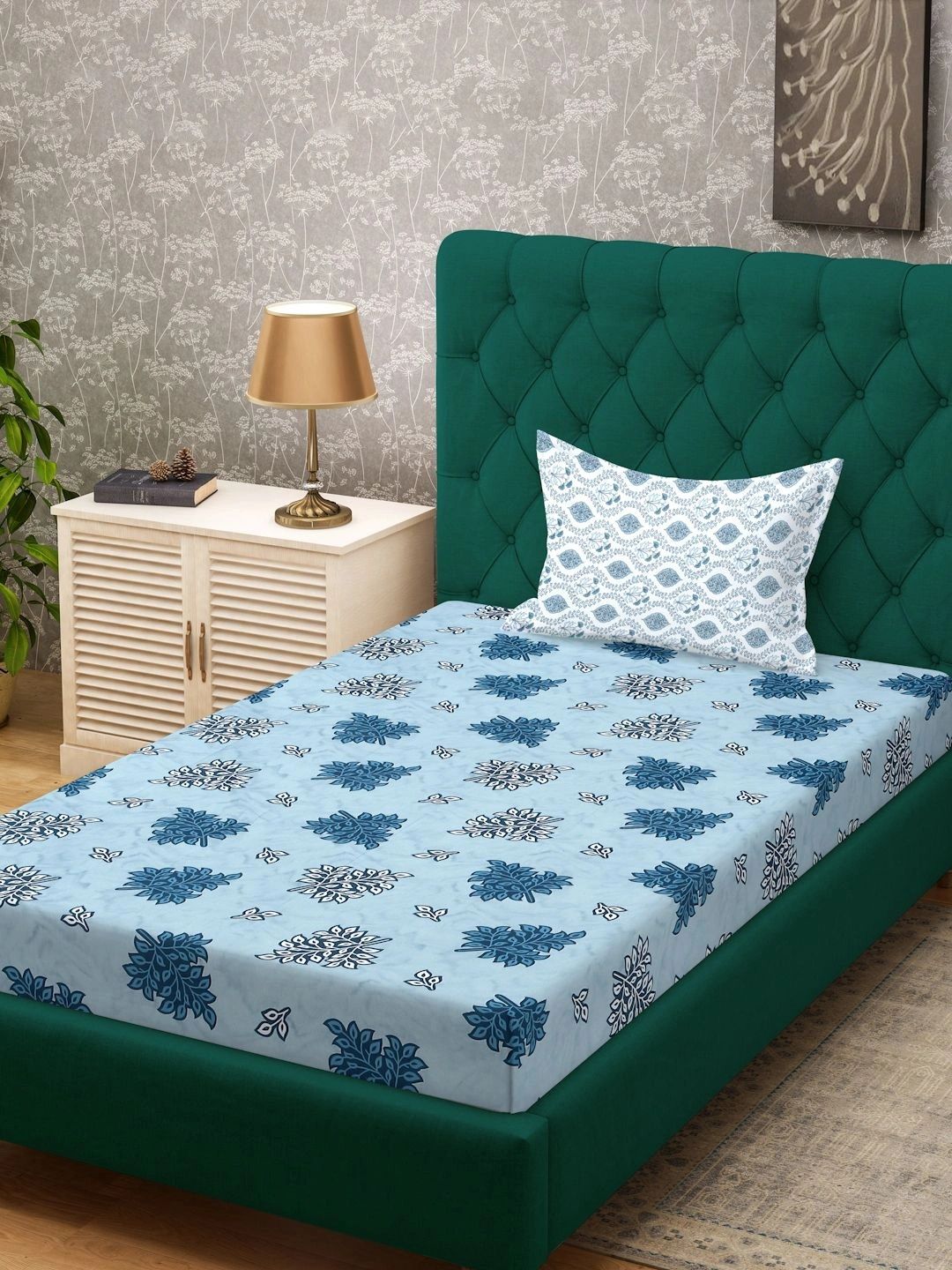 Myntra Elegant Homes Blue Floral 400 TC Cadar Tempat Tidur Single dengan 1 Sarung Bantal