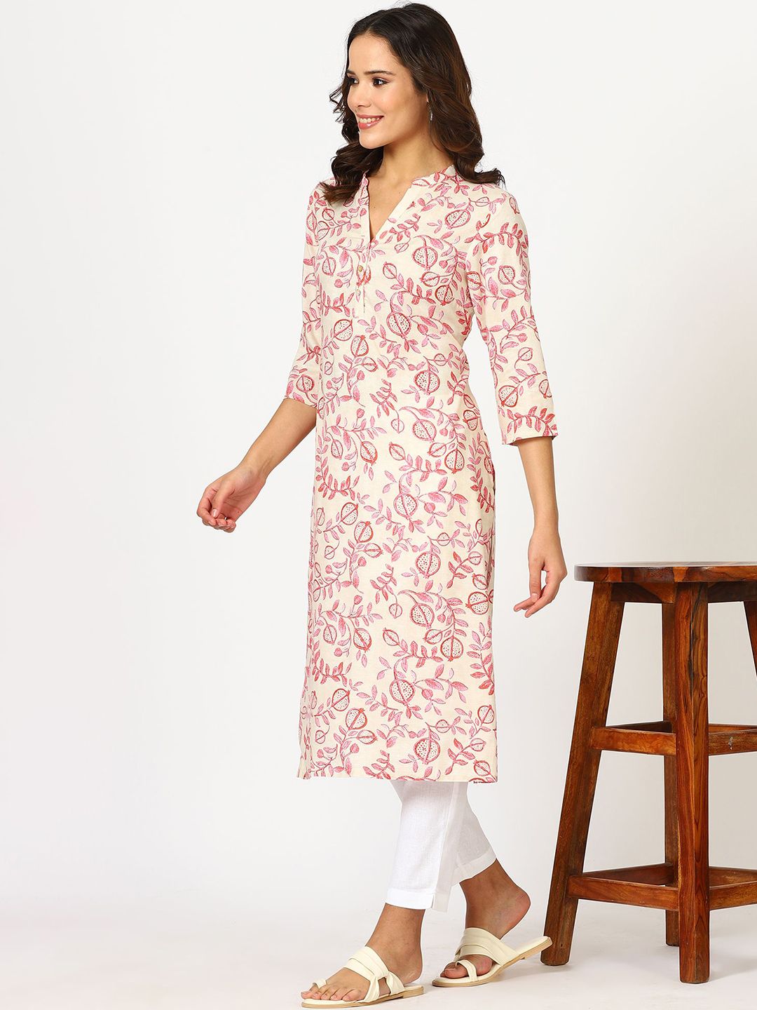 W Beige Floral Printed Mandarin Collar Three-Quarter Sleeves Regular Straight Kurta