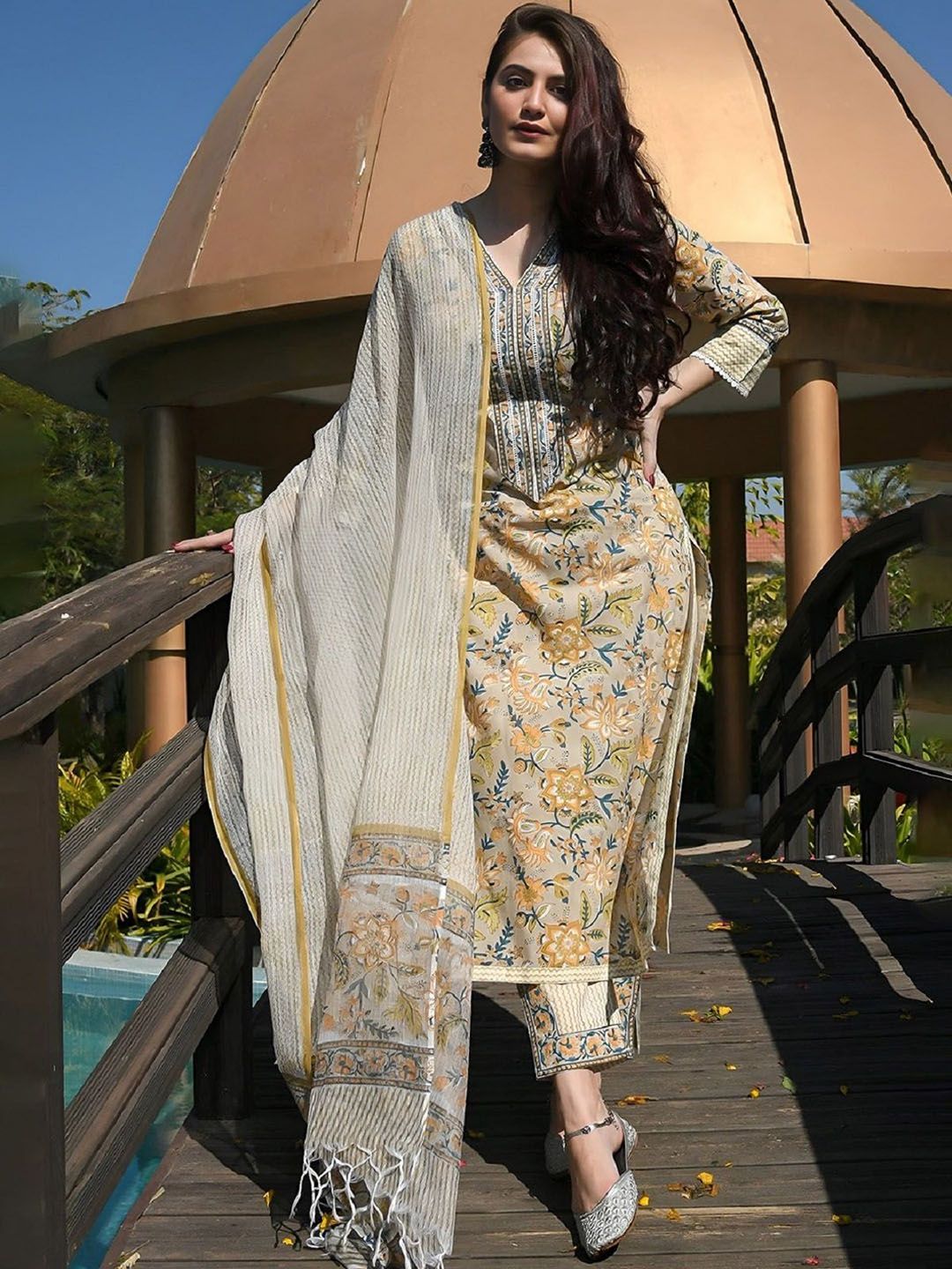 KALINI Floral Printed Straight Kurta With Trousers & Dupatta