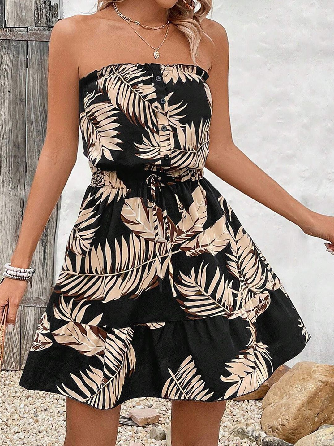 DressBerry Women Tropical Printed Strapless Fit & Flare Mini Dress