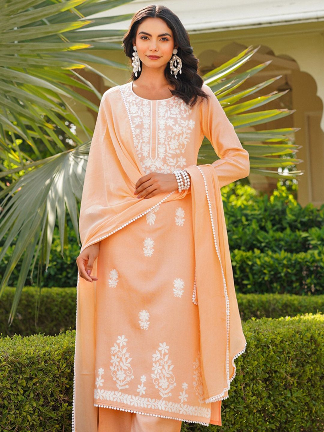 KALINI Floral Embroidered Round Neck Thread Work Kurta With Palazzos And Dupatta