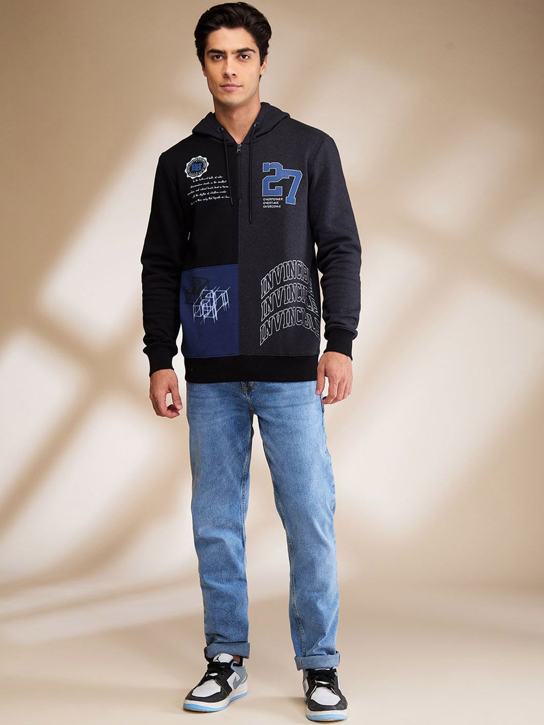 Being Human Men Black Long Sleeves Hooded Neck Patchwork Sweatshirts