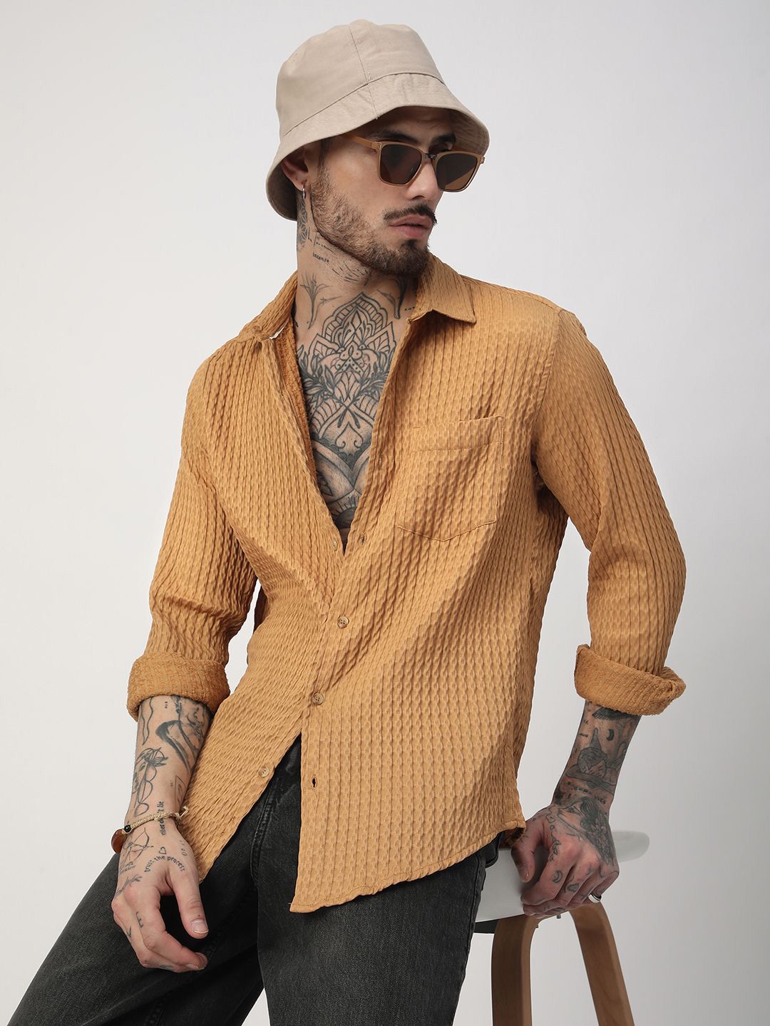VASTRADO Men Classic Fit Spread Collar Textured Casual Shirt