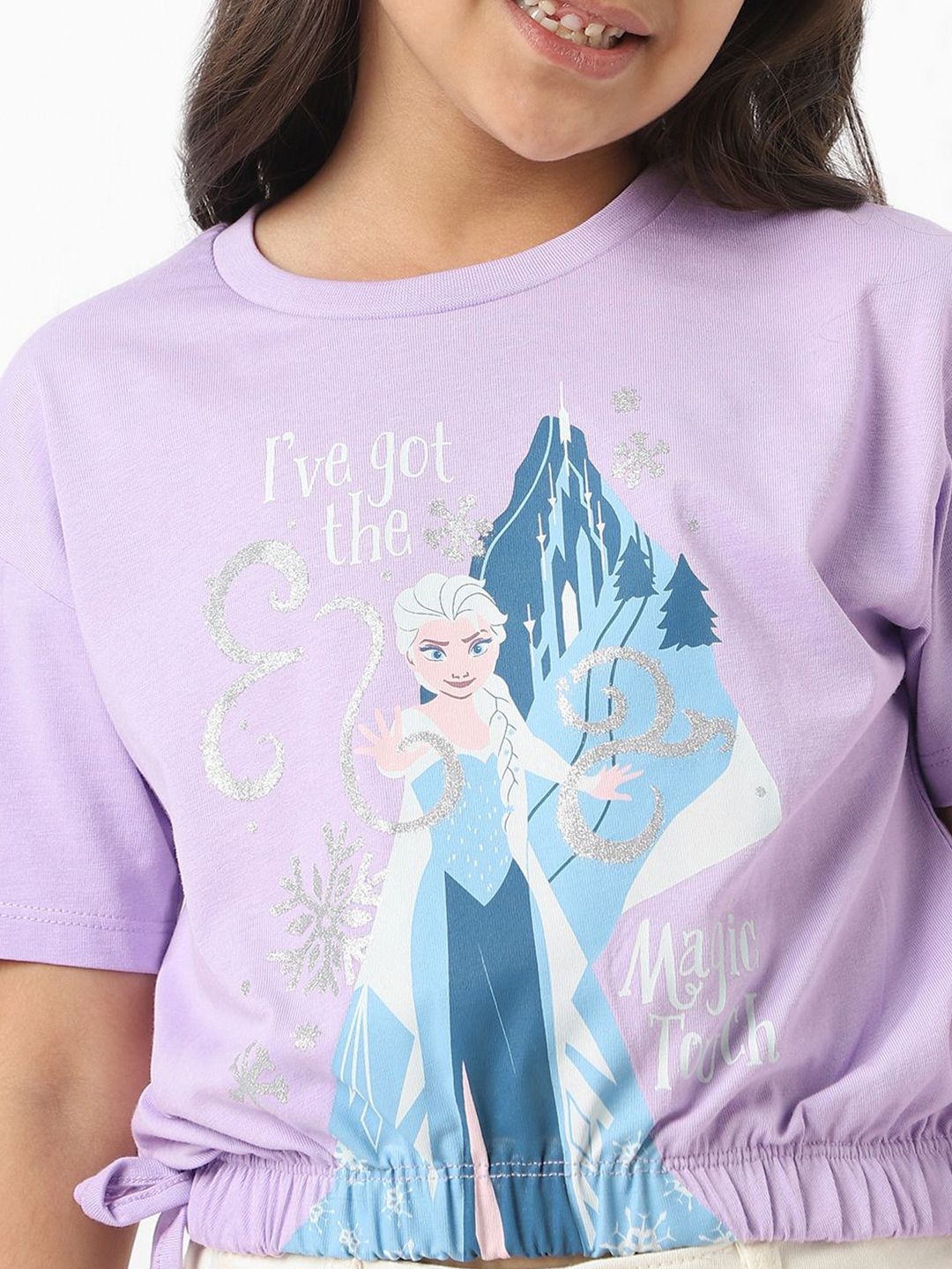 NautiNati Frozen Girls Cotton Elsa Crop T-shirt with Elasticated Hemline & Side Tie Ups
