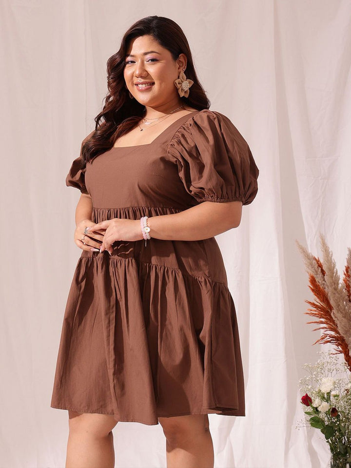 Curvy Street Plus Size Puff Lengan Kapas Fit & Flare Dress