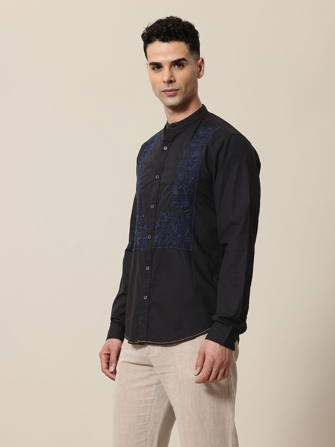 Mr Bowerbird Tailored Fit Floral Embroidered Band Collar Pure Cotton Casual Shirt