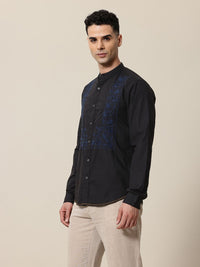 Mr Bowerbird Tailored Fit Floral Embroidered Band Collar Pure Cotton Casual Shirt
