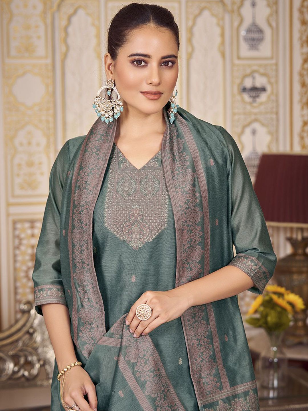 KALINI Women Woven Straight Silk Blend Kurta with Trousers & With Dupatta
