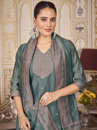 KALINI Women Woven Straight Silk Blend Kurta with Trousers & With Dupatta
