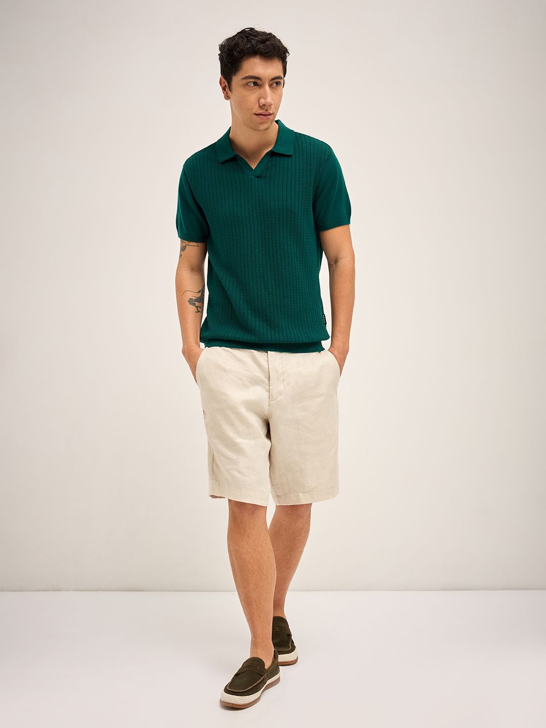 THE BEAR HOUSE Men Self Design Polo Collar Cotton T-shirt
