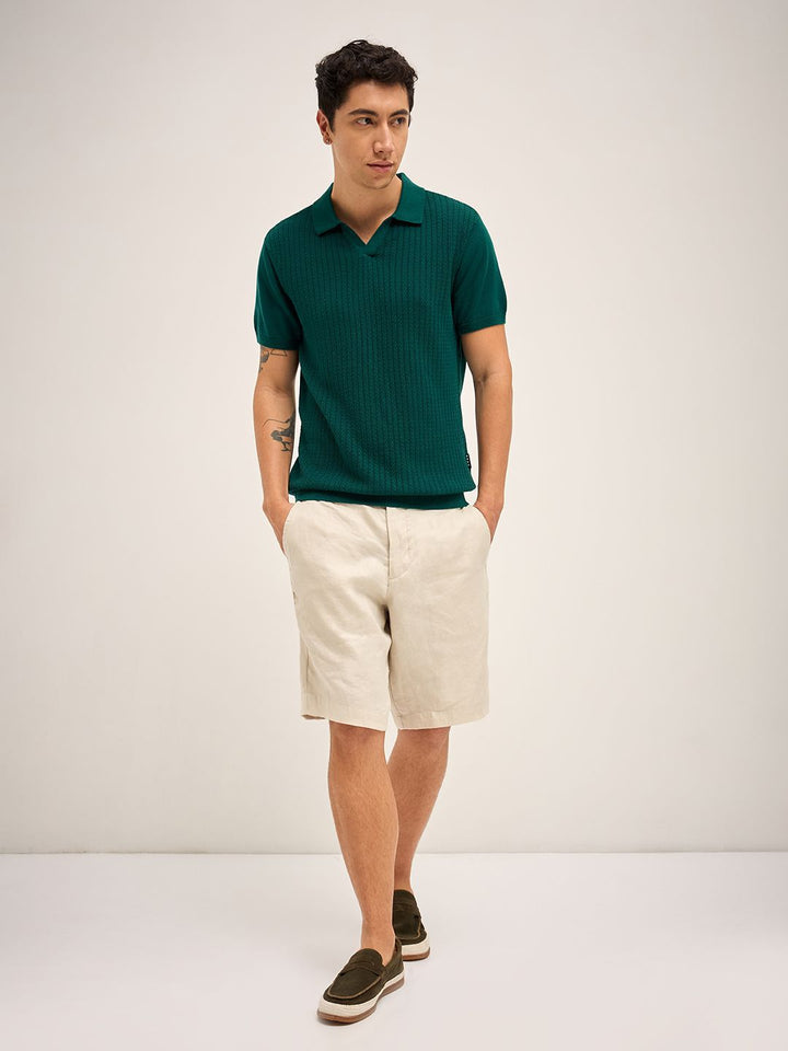 THE BEAR HOUSE Men Self Design Polo Collar Cotton T-shirt