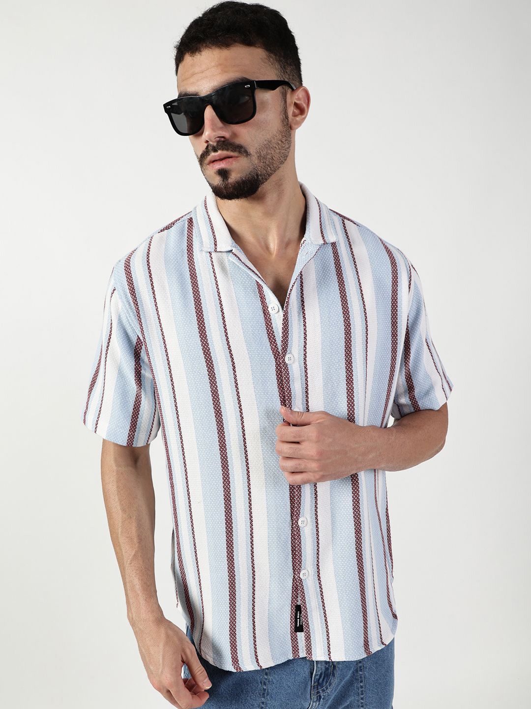 Thomas Scott Men Premium Spread Collar Vertical Striped Cotton Slim Fit Casual Shirt