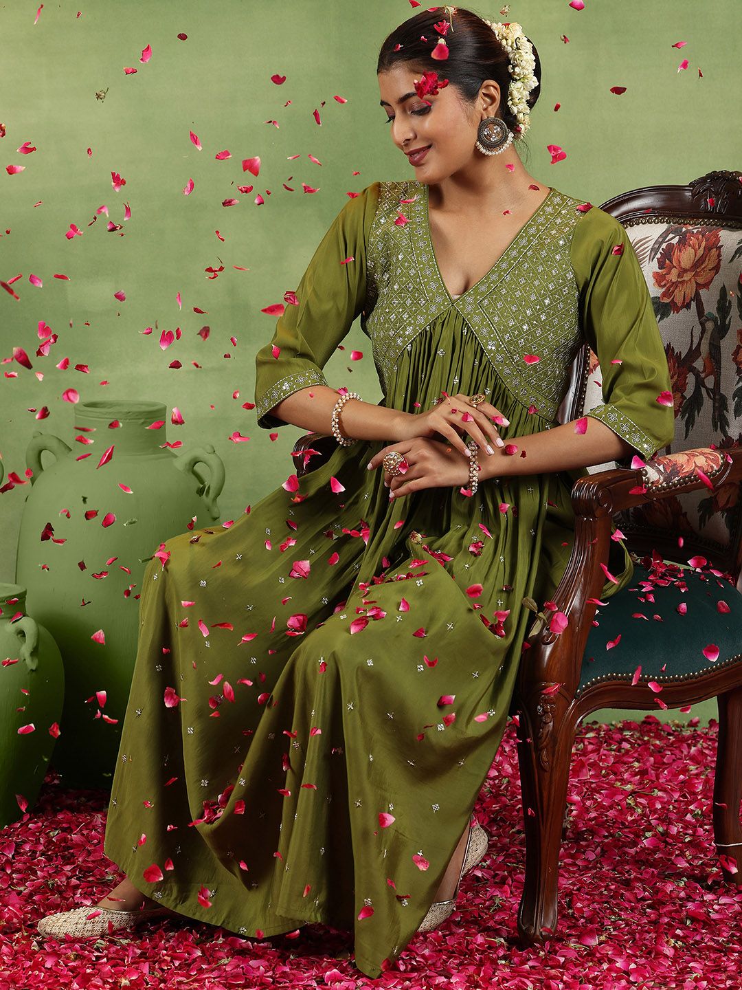 Libas Floral Embroidered V-Neck A-Line Kurta With Trousers