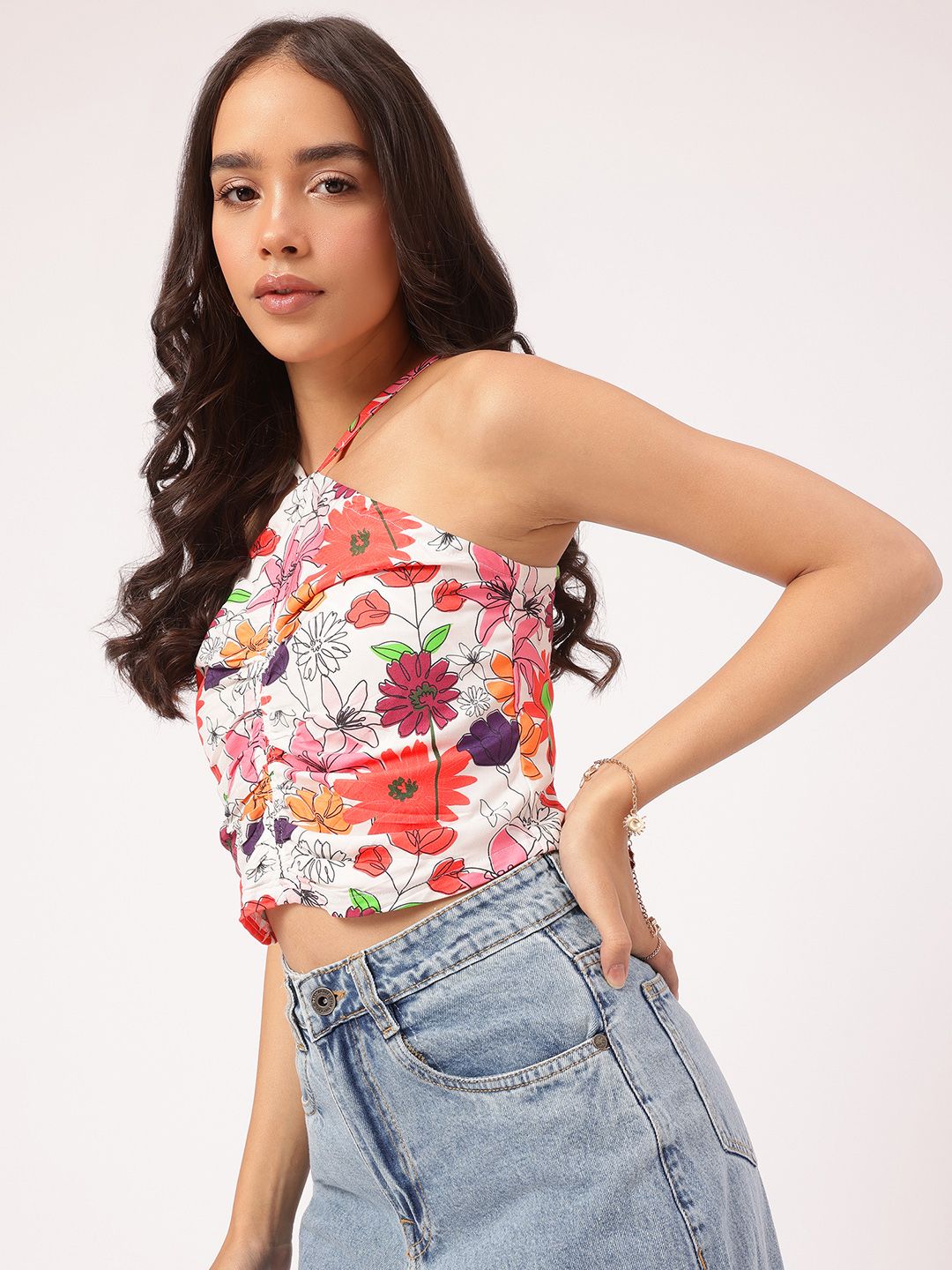 DressBerry Floral Maze Ruched & Smocked Crop Top