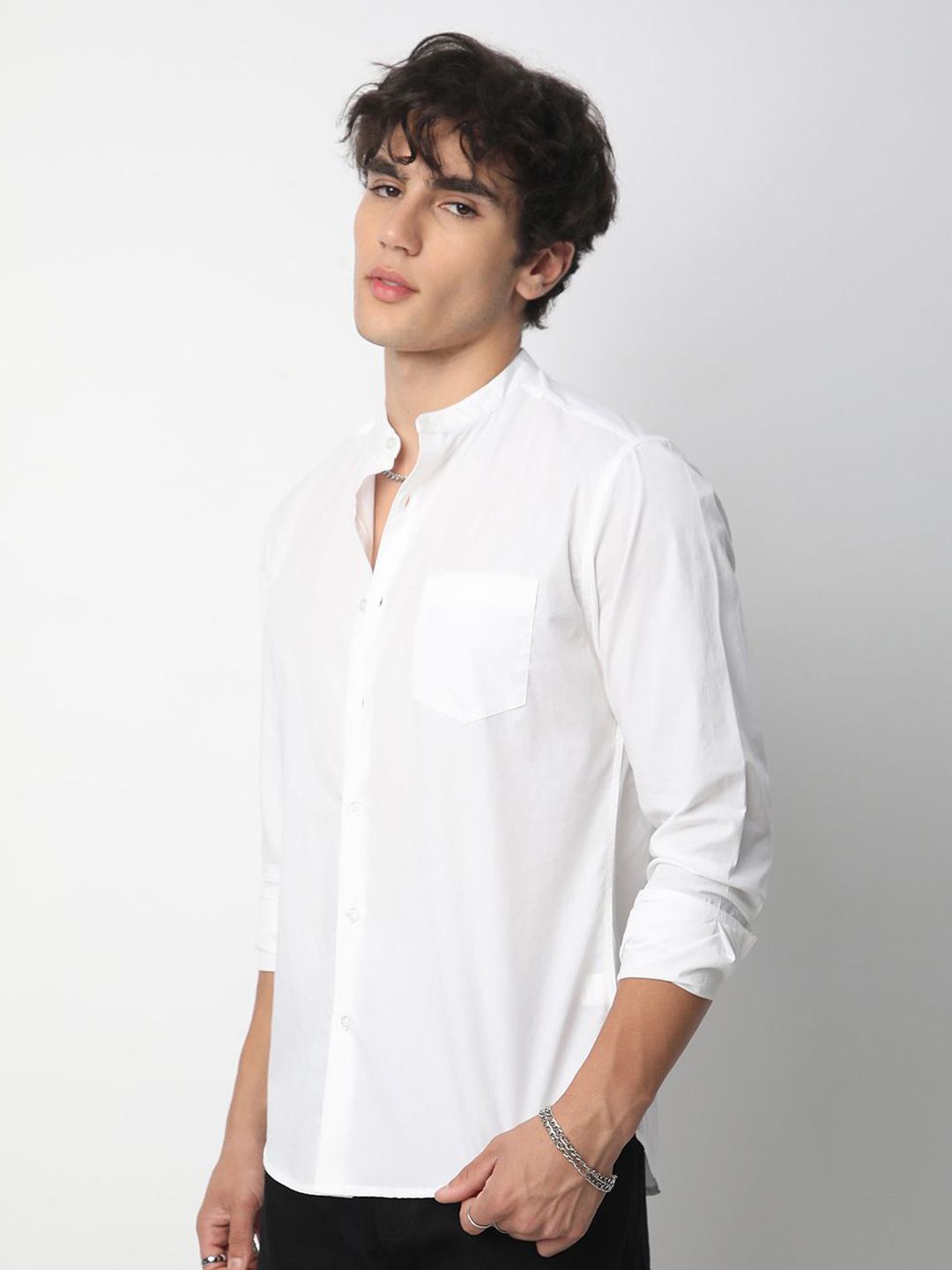 VASTRADO Men Classic Band Collar Solid Cotton Slim Fit Casual Shirt